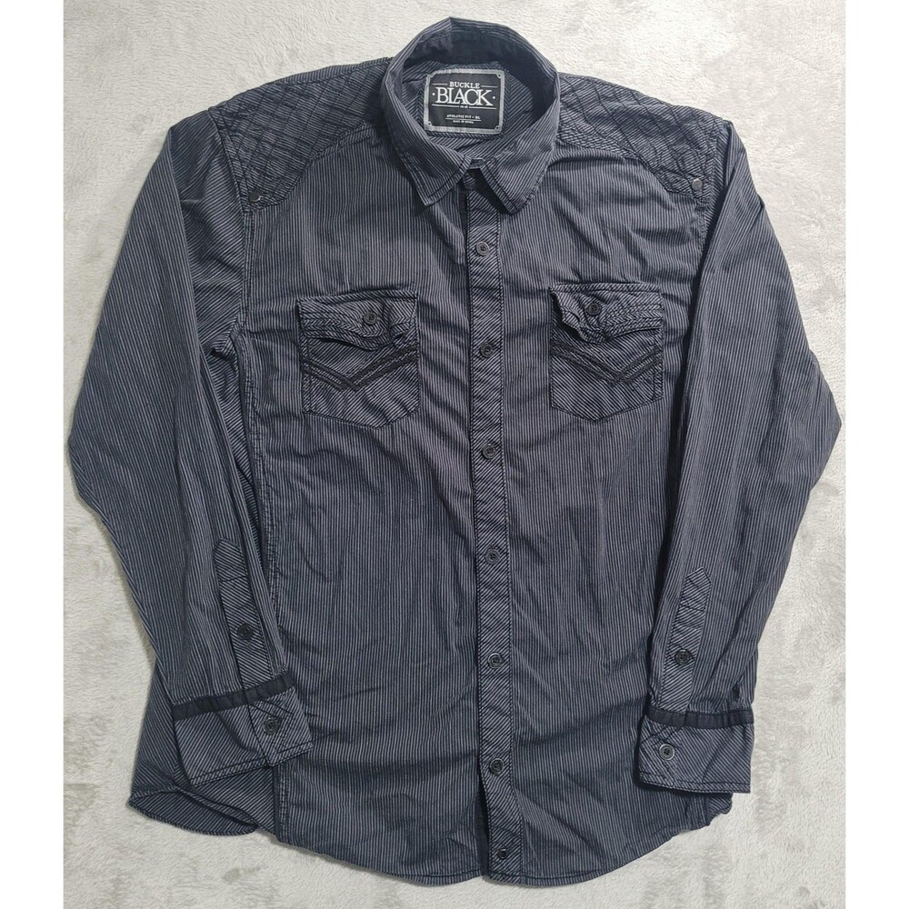 Buckle Black Shirt Mens XL Gray Striped Long Sleeve Button Up Athletic Fit
